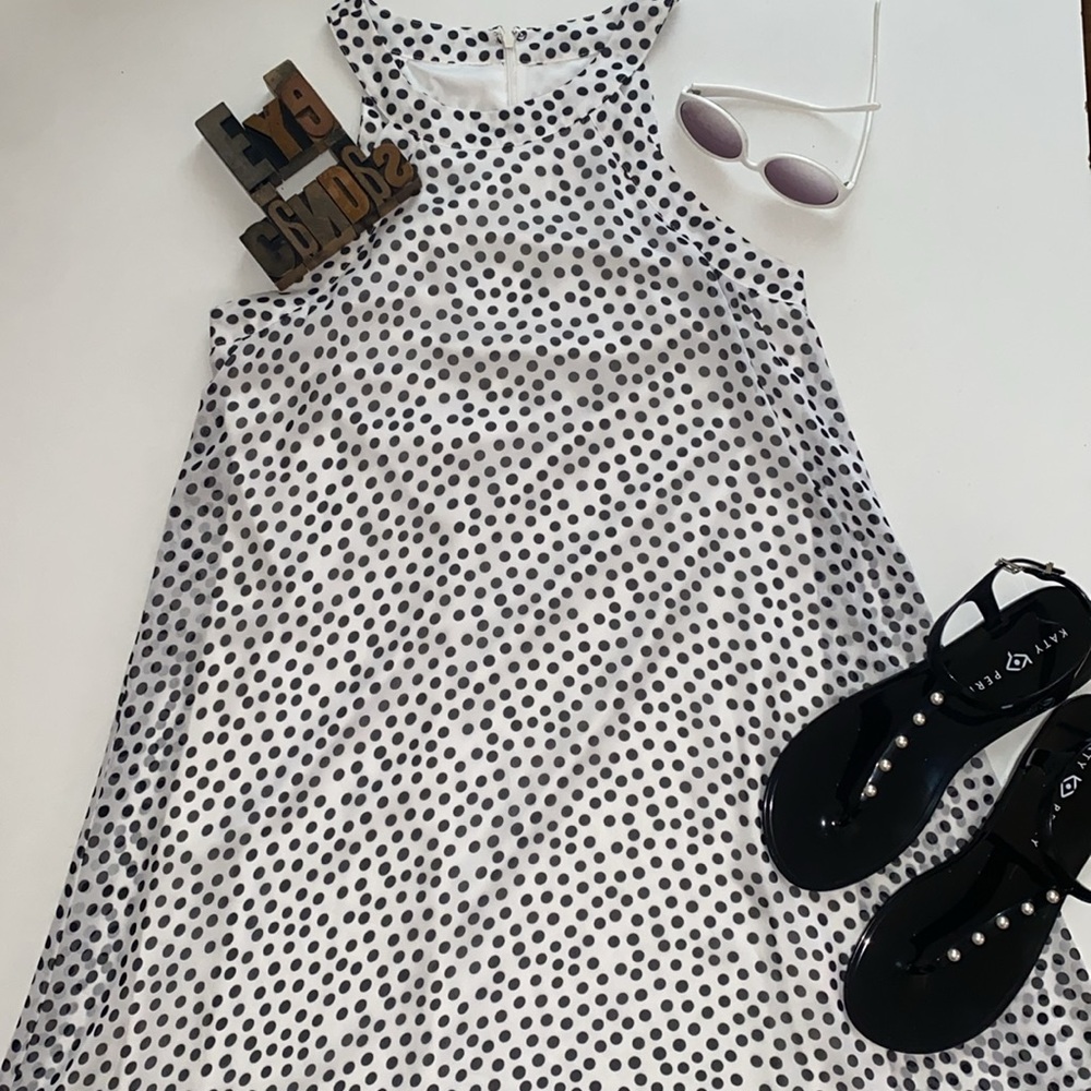 🤸♀️BETSEY JOHNSON 100% Polyester Black on White Sheer/Lined Polka Dot Dress